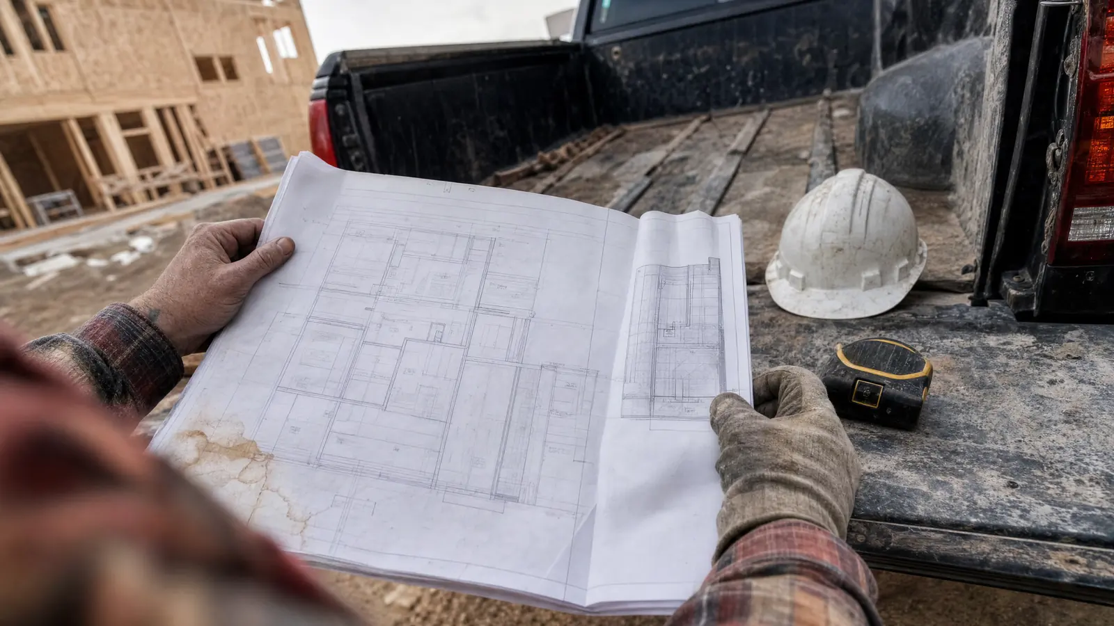 Two work-worn hands holding a large set of architectural drawings open across a pickup tailgate, weighted down by a tape measure and a hard hat.