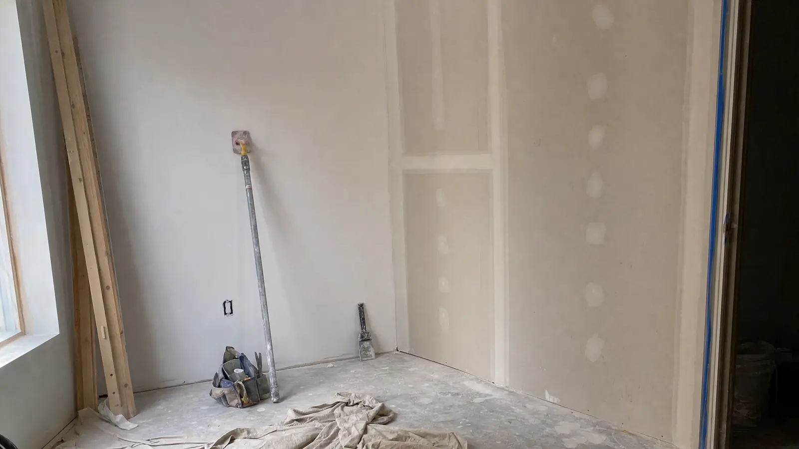 A nearly finished interior in raking afternoon light: a taped and sanded drywall corner, fresh paint meeting bare board, and a drop cloth underfoot.
