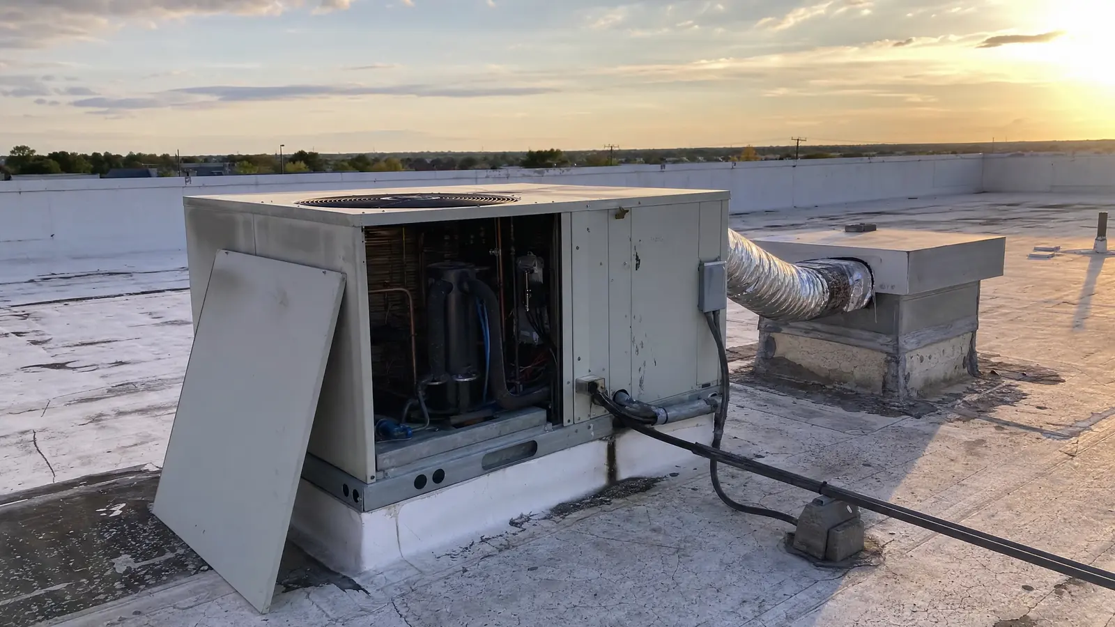 A rooftop heating and cooling unit on a flat commercial roof at day's end, one access panel removed and ductwork running to the roof curb.