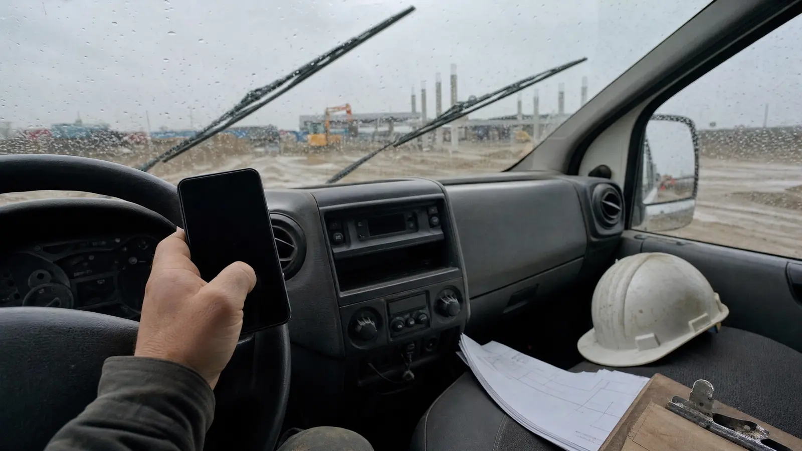 Over the shoulder in a work truck: a hand typing on a phone against the steering wheel, drawings and a hard hat on the seat, rain on the windscreen.