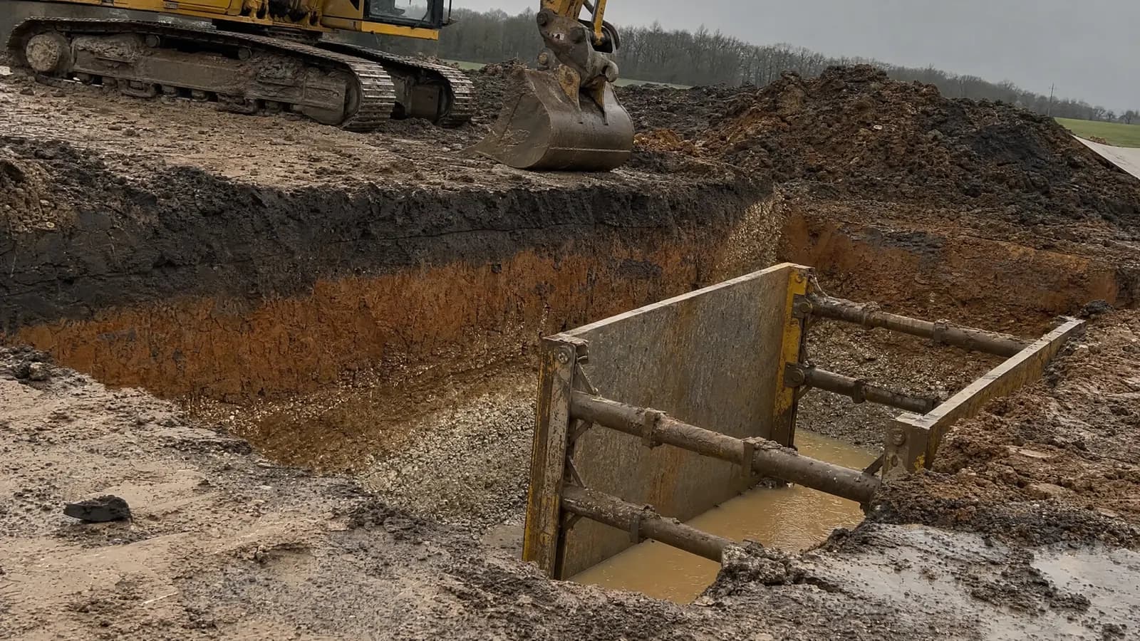An open excavation showing layered soil in the cut face, with an excavator bucket resting on the lip and shoring braced across the trench.