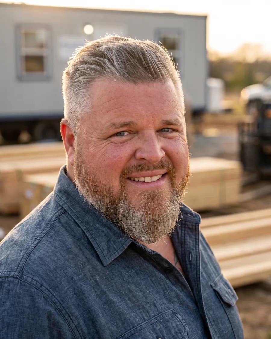 Aaron Gaddy on a jobsite at the end of the day, in a work shirt, with a site trailer and stacked lumber behind him.
