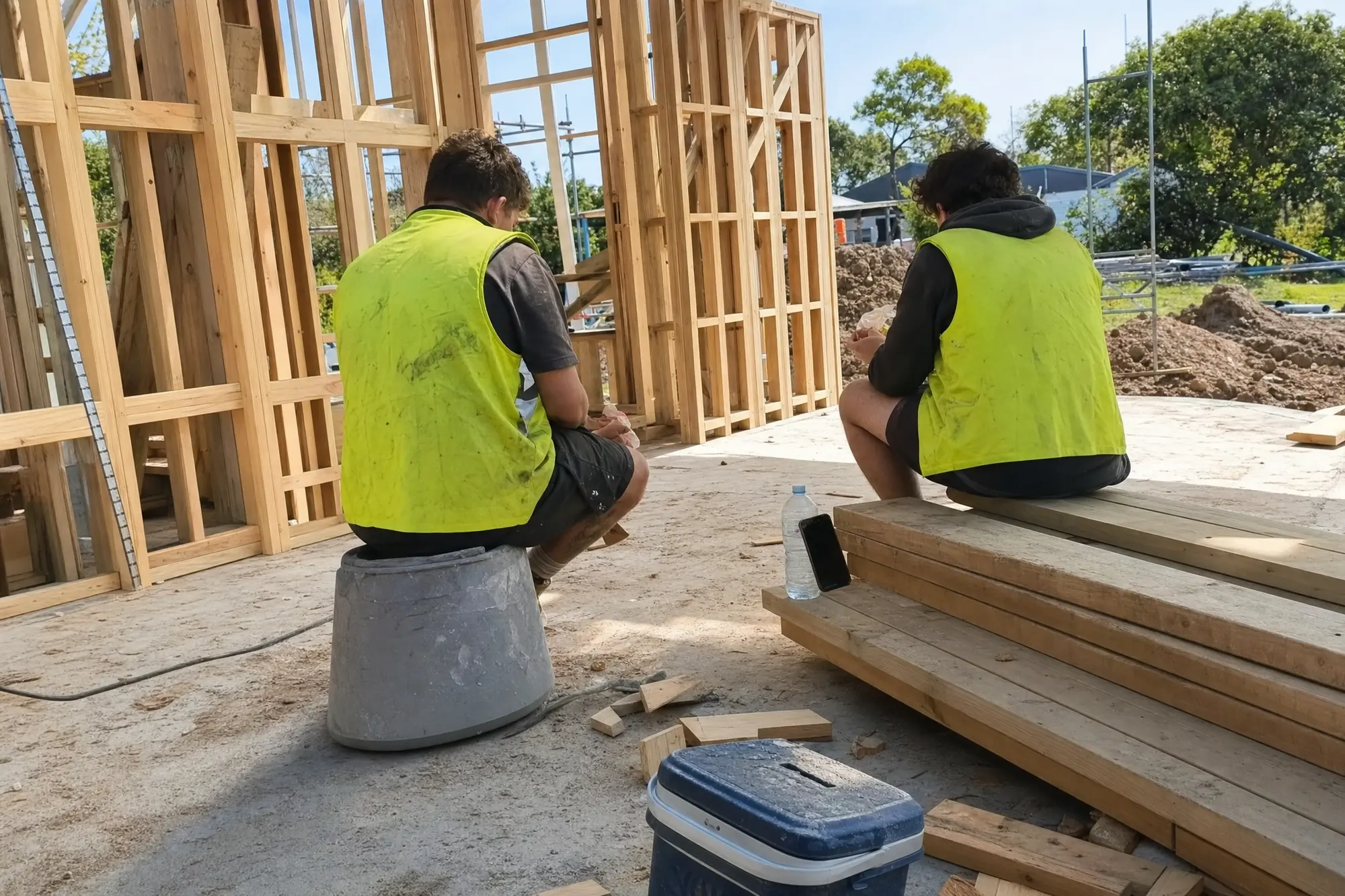 Two workers in high-visibility vests sitting on a bucket and a timber stack during a lunch break beside a half-built timber-framed wall.