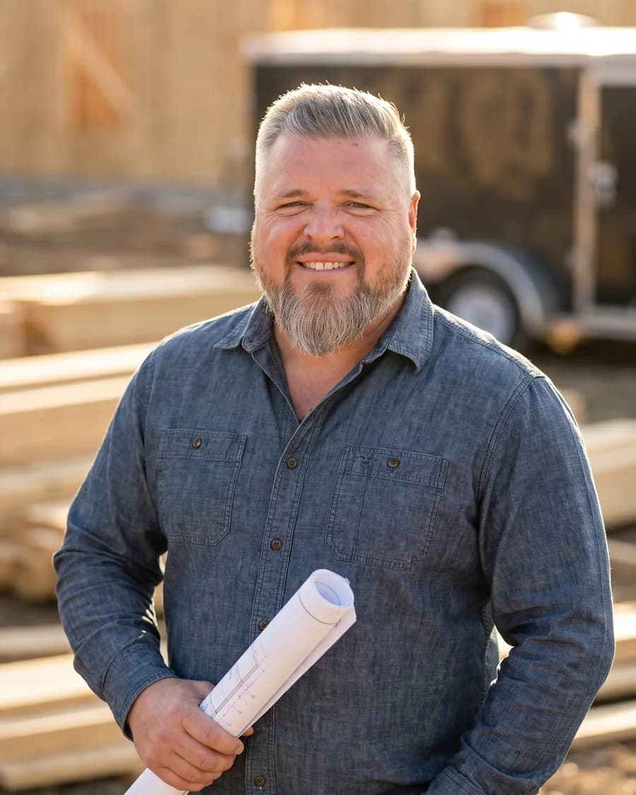 Aaron Gaddy holding a rolled set of drawings under his arm on a jobsite in late afternoon light.